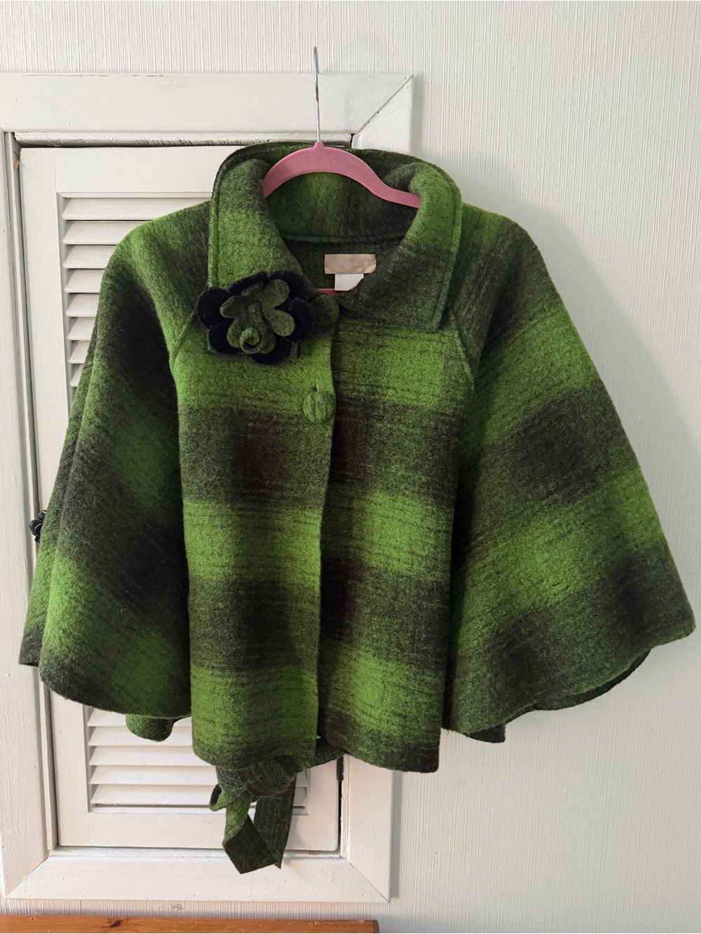 Nordstrom Women Green Plaid Wool Blend  Cape Jacket